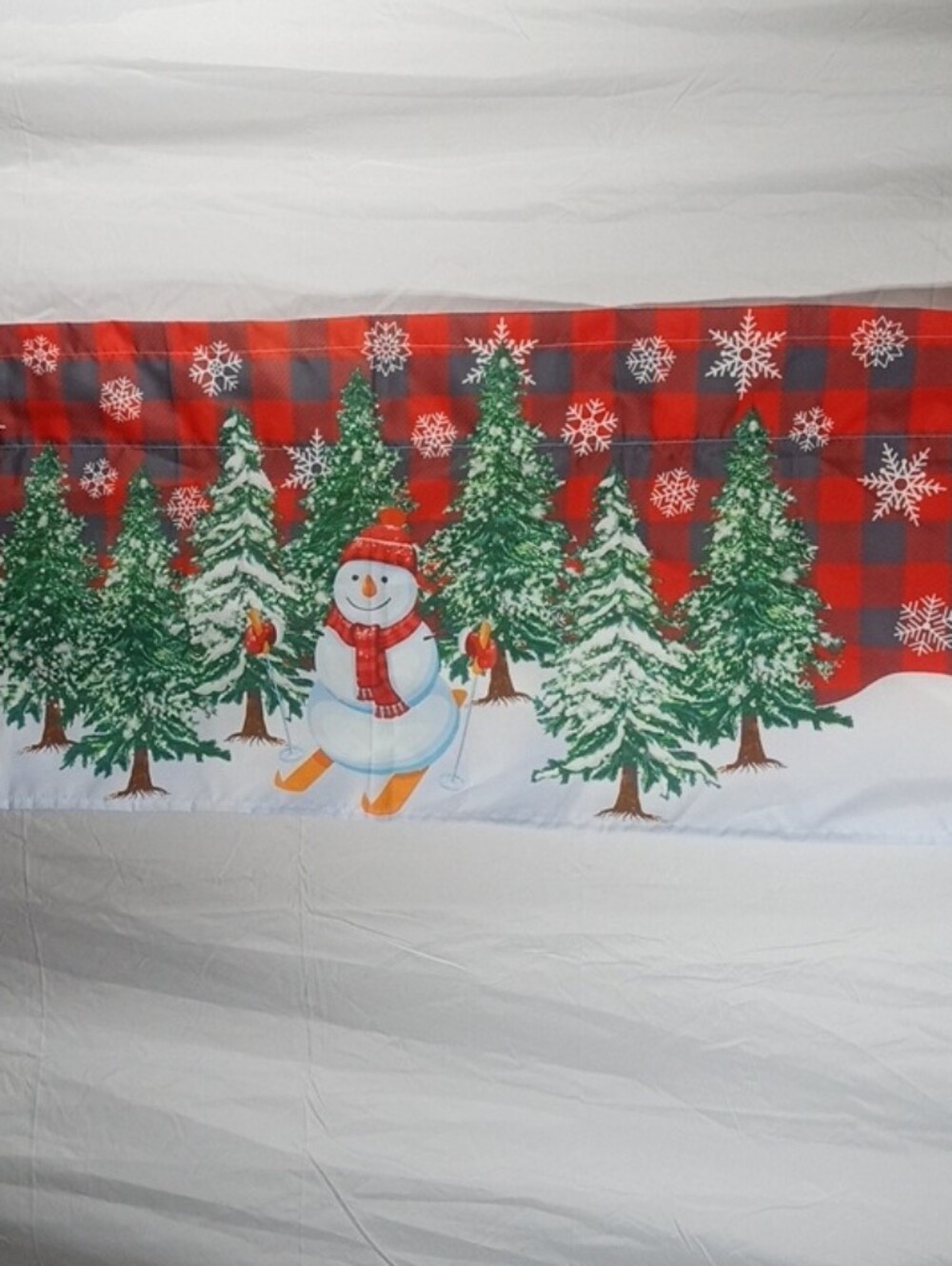 Festive Red Plaid Snowman Valance with Evergreen Trees